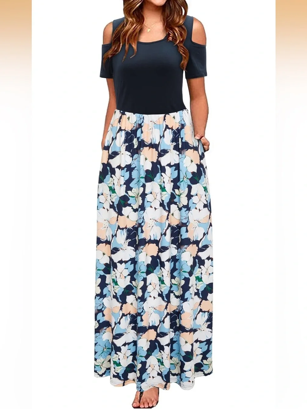 Blue and White Floral Summer Maxi Dress with Pockets